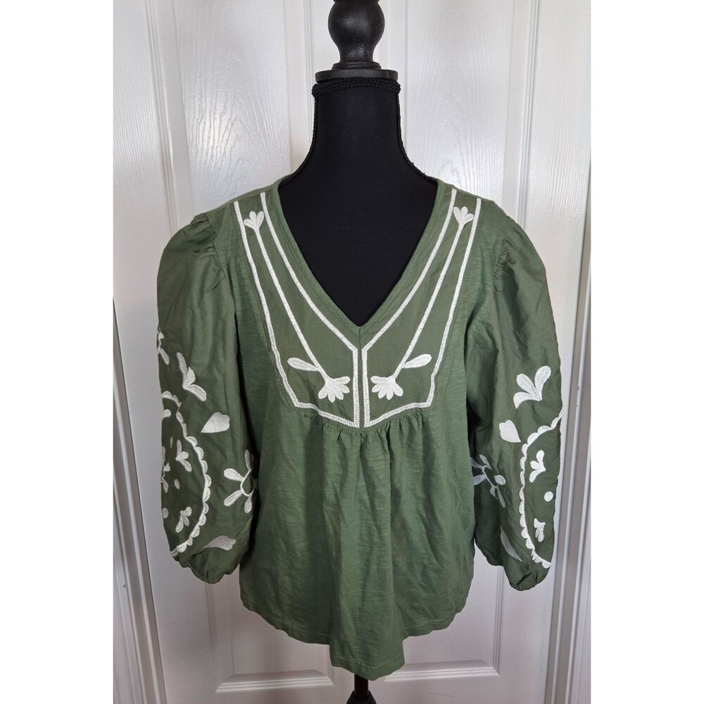 Wonderly Womens MEDIUM Green Embroidered Puff Sleeve Bohemian 3/4 Sleeve Top